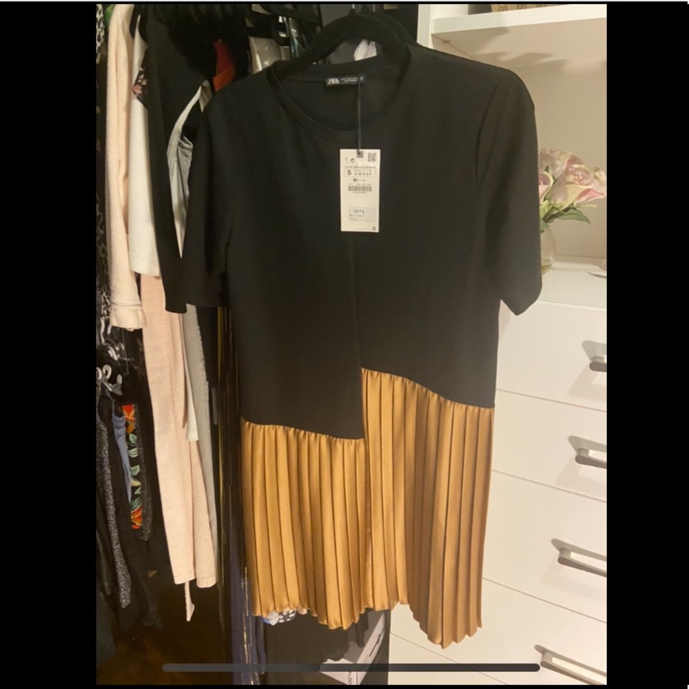 Zara black & silky bronze pleated dress